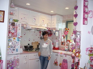 A fans with her overly Hello Kitty decorated kitchen